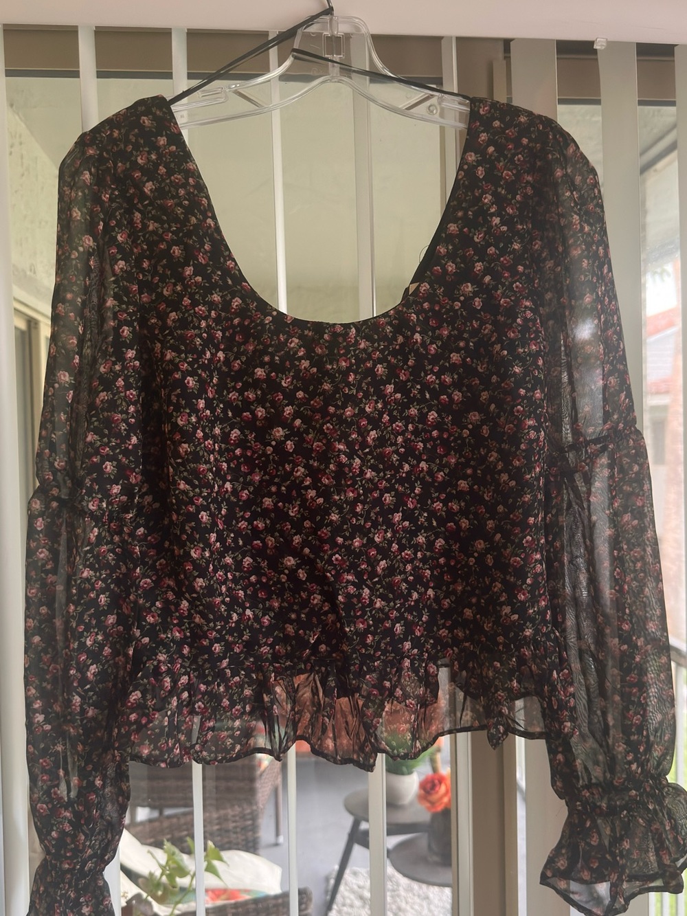 Promesa Black Sheer Blouse with Pink Floral Print